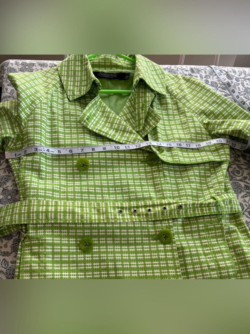 London Fog Lime Green & White Plaid Neon Bright Trench Coat Size L - HTF, EUC! - Picture 6 of 9